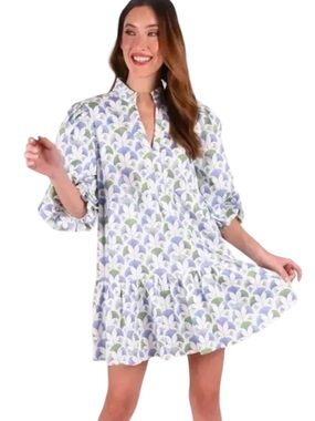Emily McCarthy Frankie Dress in Blue & Green Ginkgo Trellis Size Small